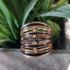 Gold Tone & Black Jewels Stretch Band Ring Stack Look  💥3 for $24💥